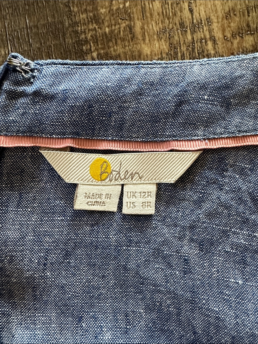 Boden Blue Chambray Mini Dress with Pink Trim